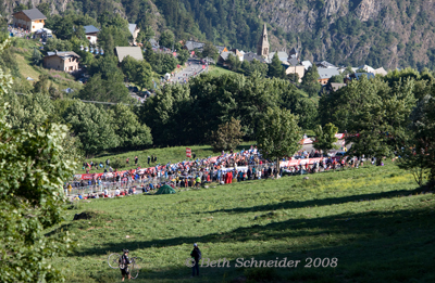 Peloton and village on Alpe d'Huez