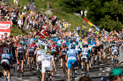 Rear view of peloton climbing Alpe d'Huez