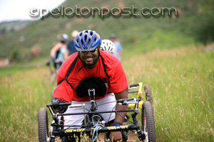 Hand cyclist Anthony after completing loop