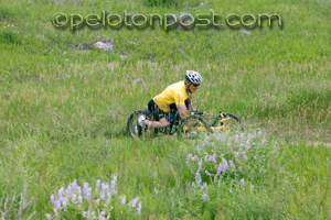 Hand cyclist riding by blue flowers