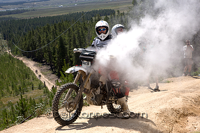 Film crew Scott Ogle & Dave Taylor on overheated motorcycle on Powerline Film crew Scott Ogle & Dave Taylor on overheated motorcycle